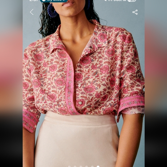 Sezane Pierro Silk/Cotton Blue Floral Button-Up Blouse - Picture 6 of 7